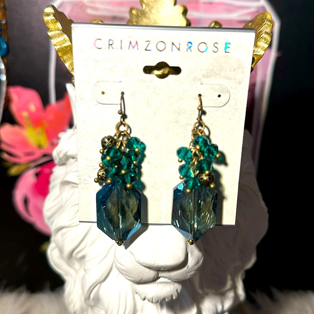 Crimzon Rose dangle green stones and bead earrings.